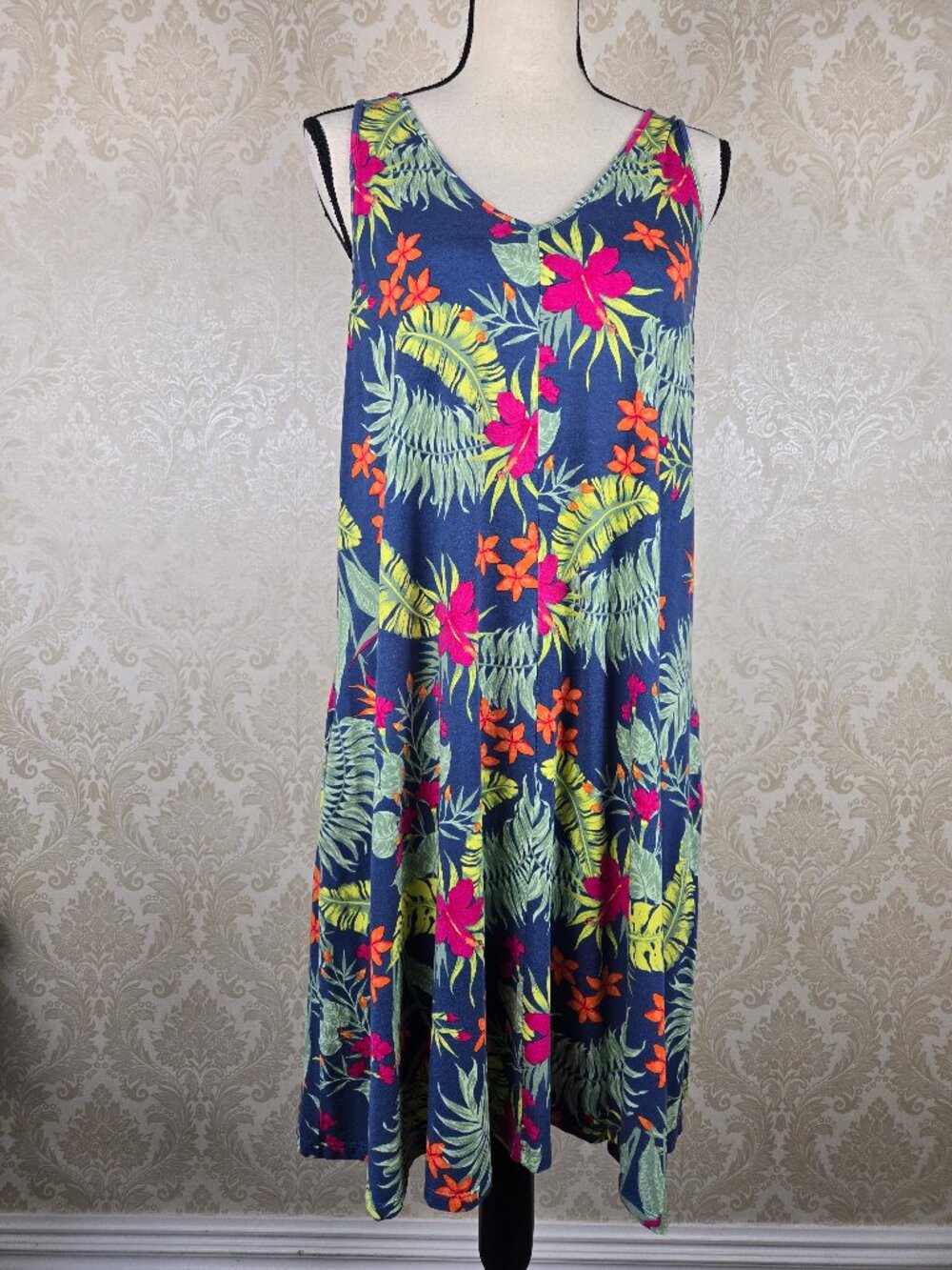 Style & Co Size Large Colorful Floral Dress Double V-neck Sleeveless A-Line